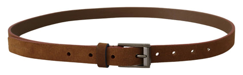 Brown leather belt with engraved metal waist buckle featuring Dolce & Gabbana logo, stylish accessory for men or women.