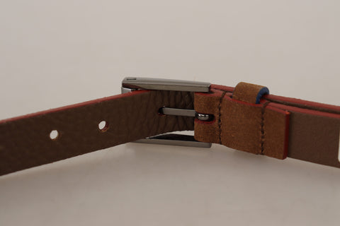 Brown leather belt with engraved metal waist buckle featuring Dolce & Gabbana logo, stylish accessory for men.