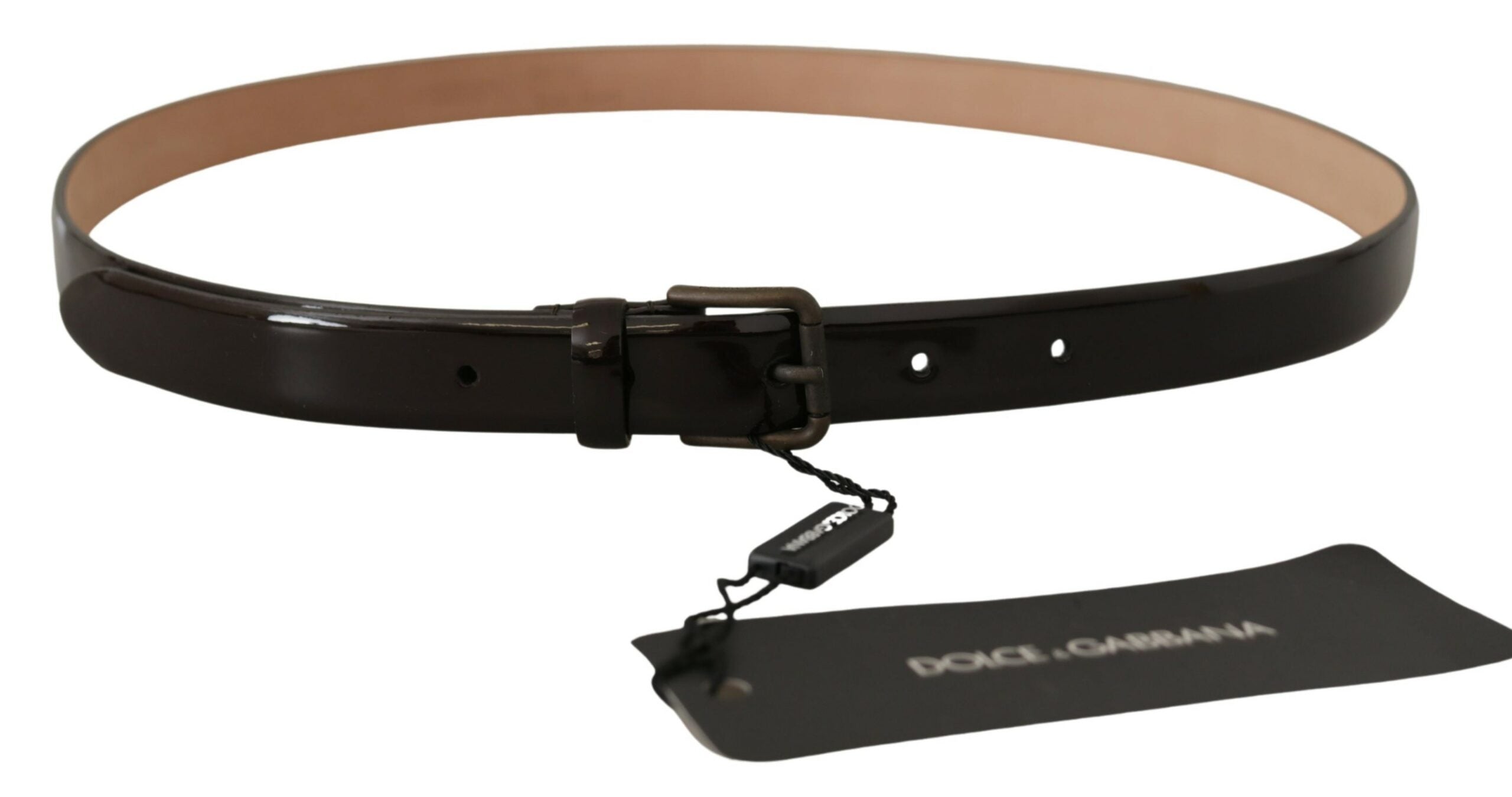 Black patent leather belt with metal logo buckle from Dolce & Gabbana, featuring a sleek waist belt design.