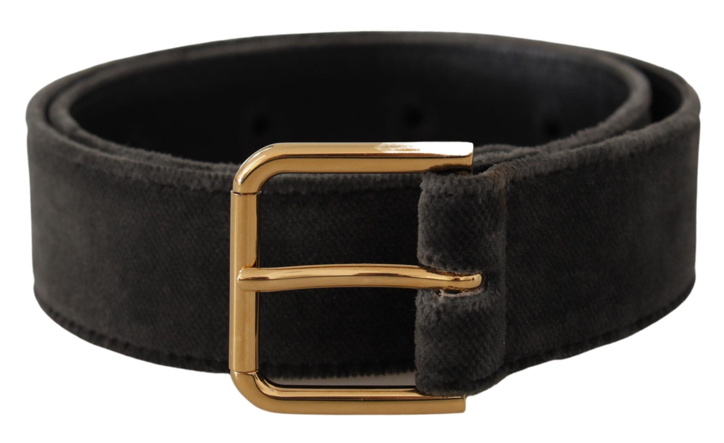 Brown velvet Dolce & Gabbana belt with gold-tone logo metal waist buckle, stylish accessory with a luxurious finish.