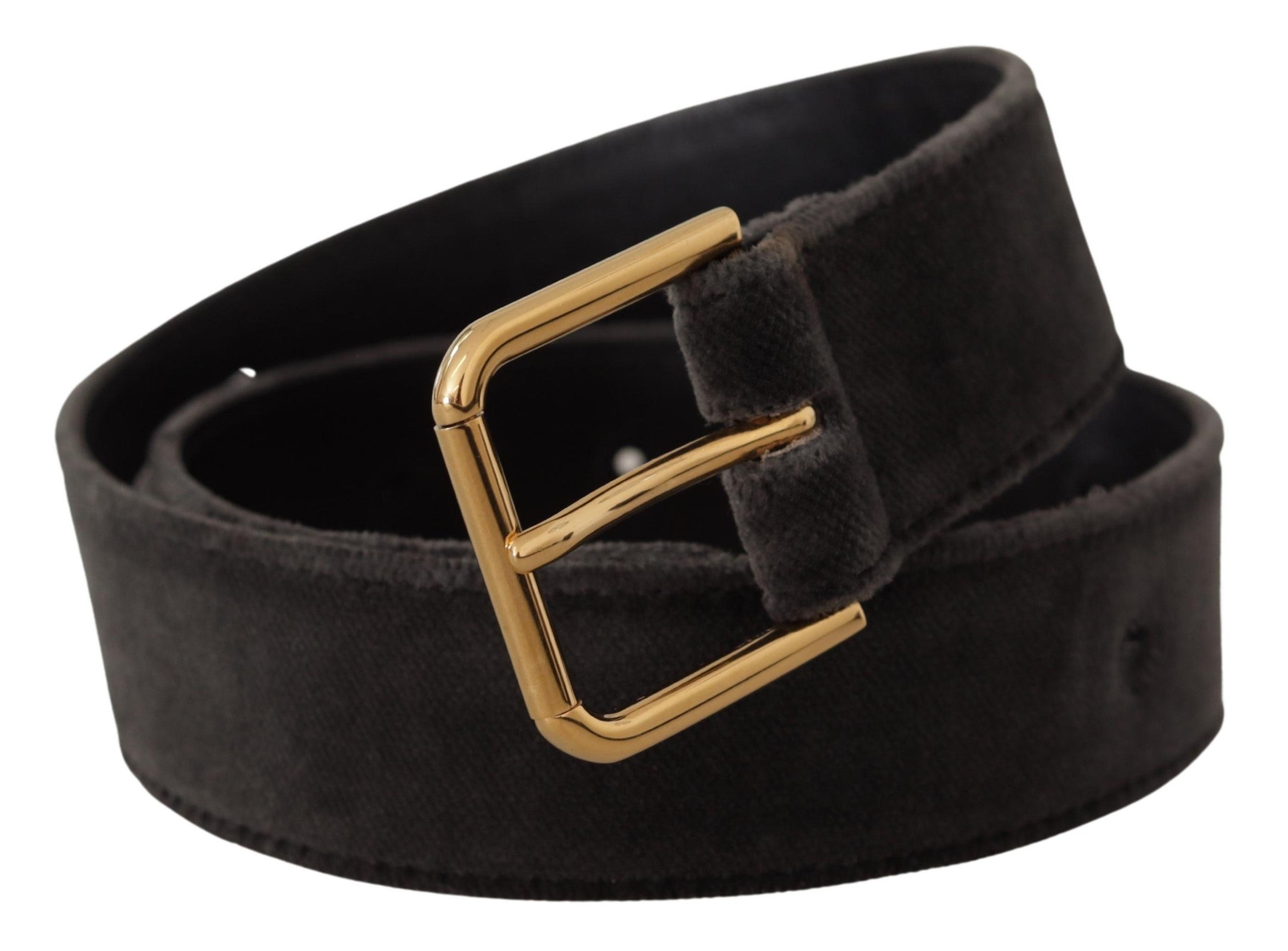 Brown velvet Dolce & Gabbana belt with gold-tone logo metal waist buckle and adjustable strap.