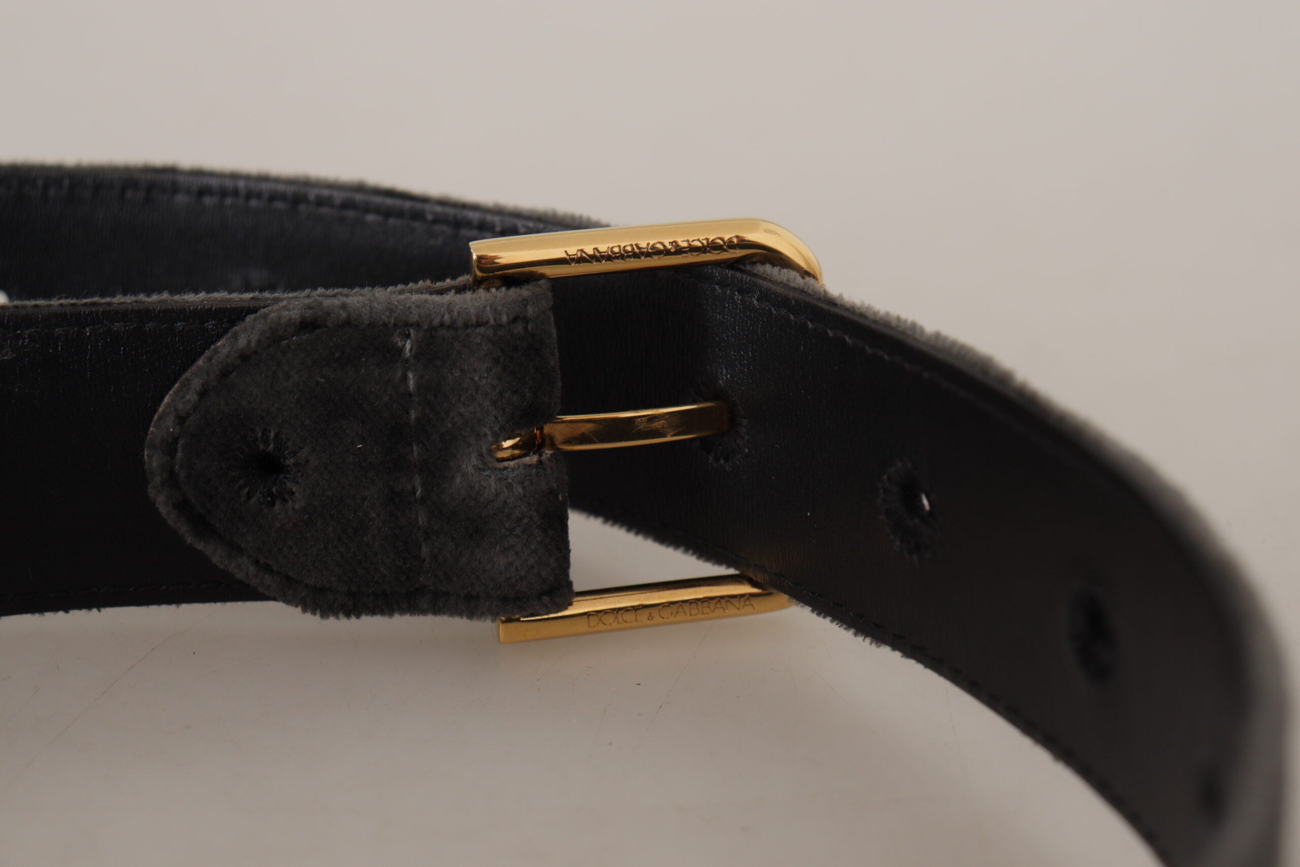Brown velvet waist belt with gold tone logo metal buckle, Dolce & Gabbana fashion accessory.