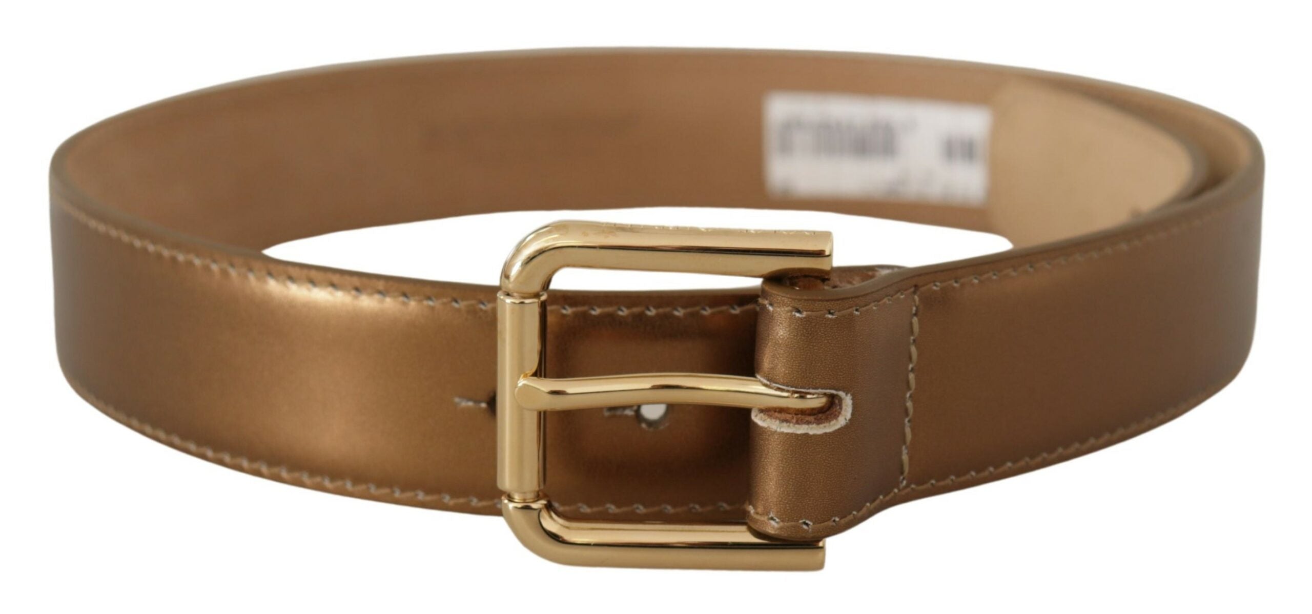 Bronze leather waist belt by Dolce & Gabbana with gold logo engraved buckle, stylish accessory for men or women.