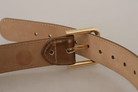 Bronze leather waist belt with gold logo engraved buckle by Dolce & Gabbana, featuring a sleek and stylish design.