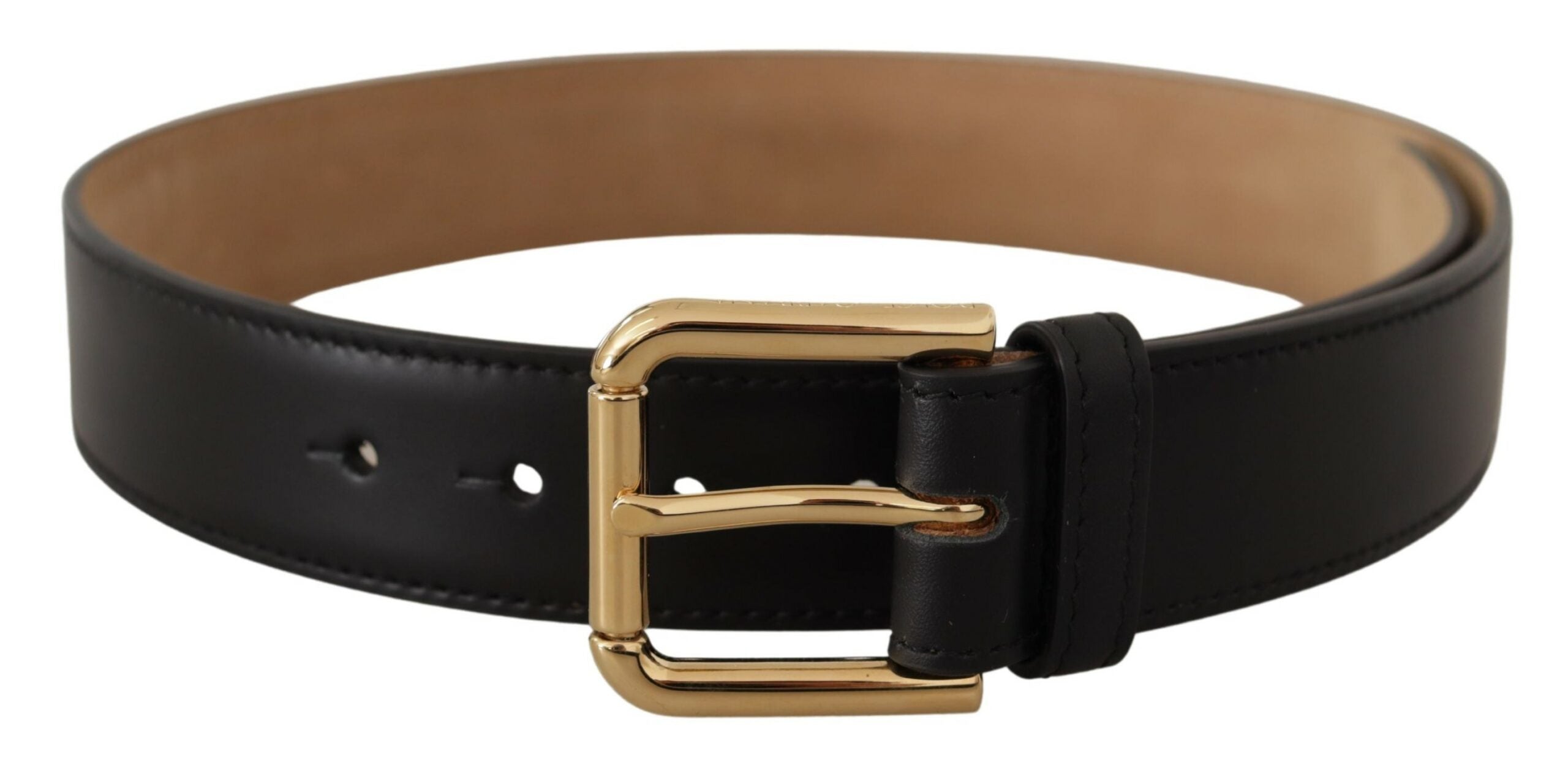 Black solid leather waist belt with gold buckle from Dolce & Gabbana, featuring a classic design and adjustable strap.