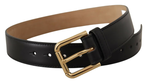 Black solid leather waist belt with gold buckle from Dolce & Gabbana, featuring a classic design and smooth finish.