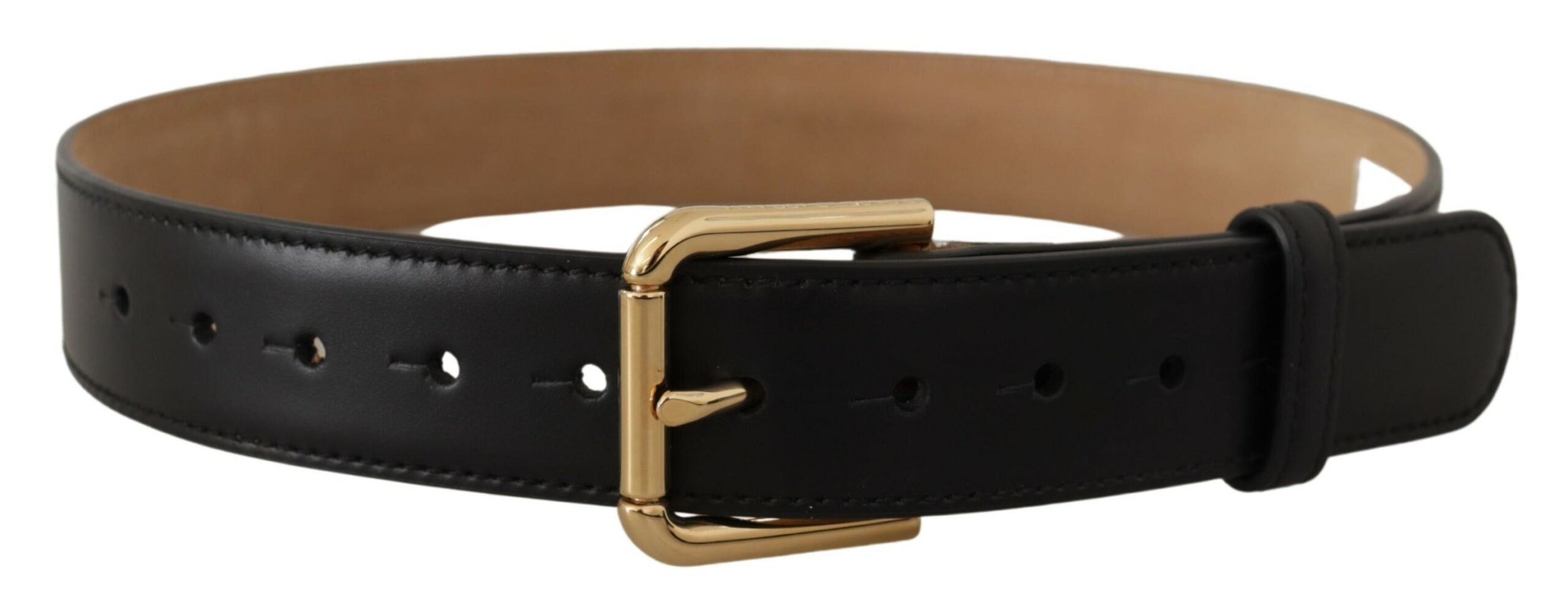 Black solid leather belt with a gold waist buckle from Dolce & Gabbana, featuring a classic design and smooth finish.