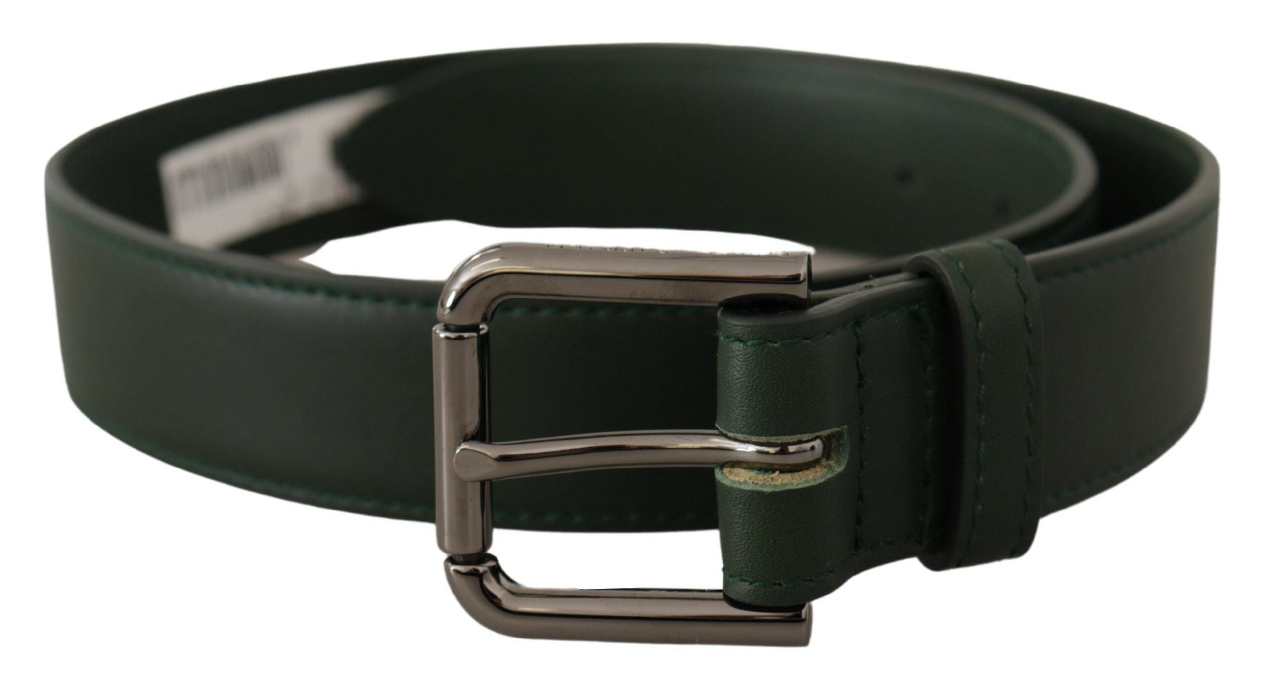 Dolce & Gabbana army green leather belt with metal logo waist buckle, featuring a stylish and durable design.