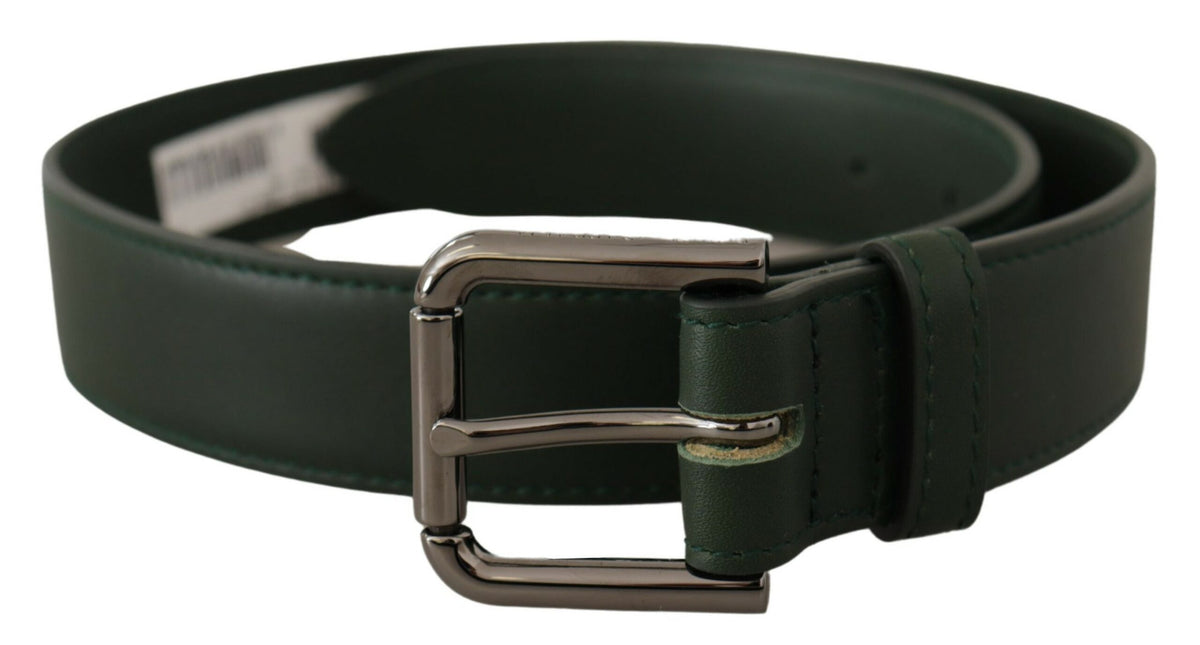 Dolce & Gabbana army green leather belt with metal logo waist buckle, featuring a stylish and durable design.