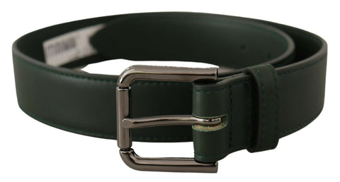 Dolce & Gabbana army green leather belt with metal logo waist buckle, featuring a stylish and durable design.