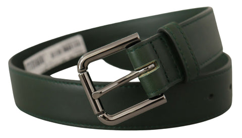 Army green leather belt with Dolce & Gabbana logo metal buckle, featuring a stylish waist buckle and sleek design.