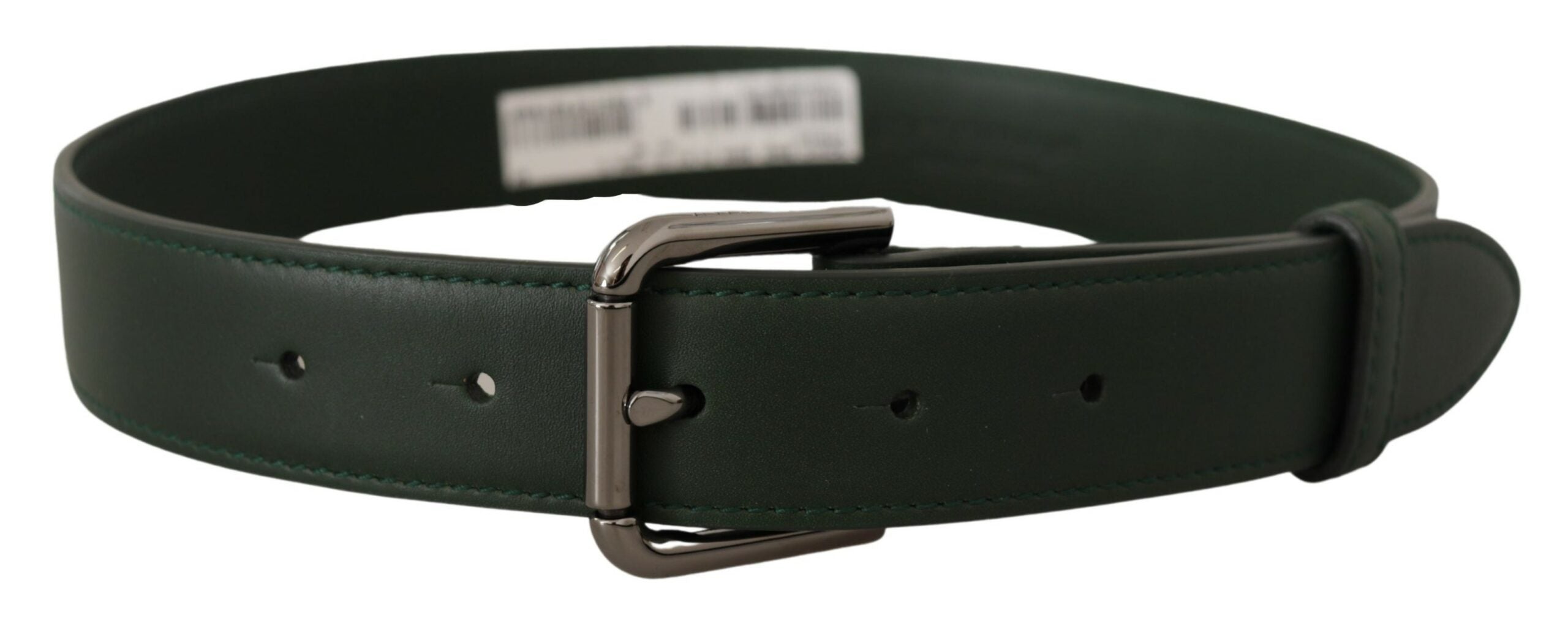 Dolce & Gabbana army green leather belt with metal waist buckle and logo detail, stylish accessory for men or women.