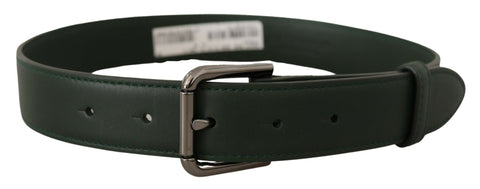 Dolce & Gabbana army green leather belt with metal waist buckle and logo detail, stylish accessory for men or women.