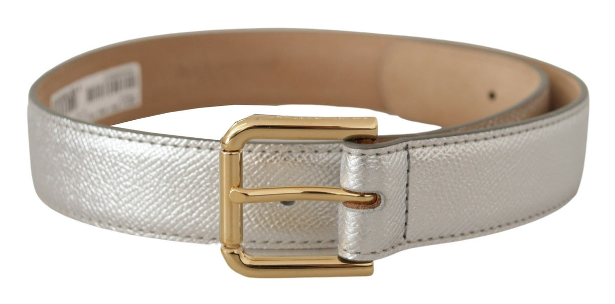 Silver leather belt with gold-tone logo metal waist buckle by Dolce & Gabbana, featuring a sleek and stylish design.