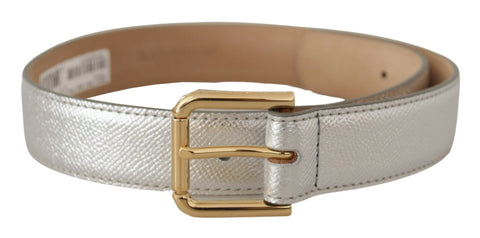 Silver leather belt with gold-tone logo metal waist buckle by Dolce & Gabbana, featuring a sleek and stylish design.