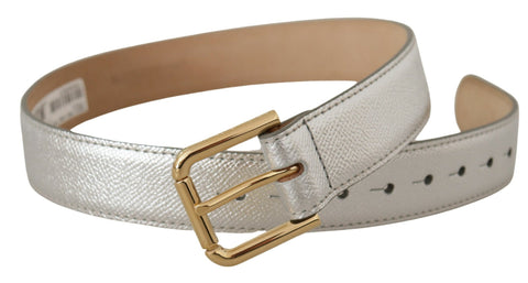 Silver leather belt with gold tone logo metal buckle from Dolce & Gabbana, featuring a sleek waist strap and signature branding.