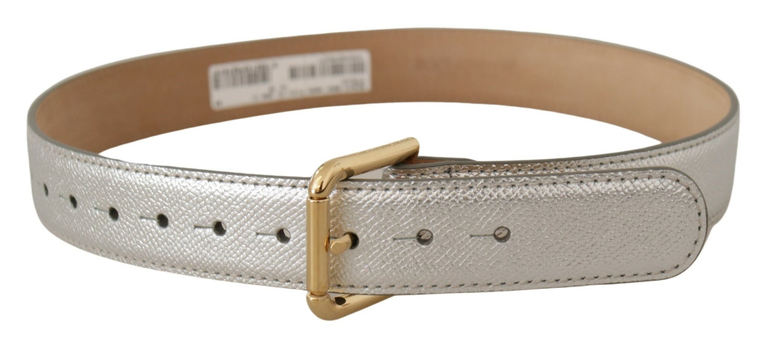 Silver leather waist belt by Dolce & Gabbana with gold tone logo metal buckle, stylish accessory for fashionable outfits.