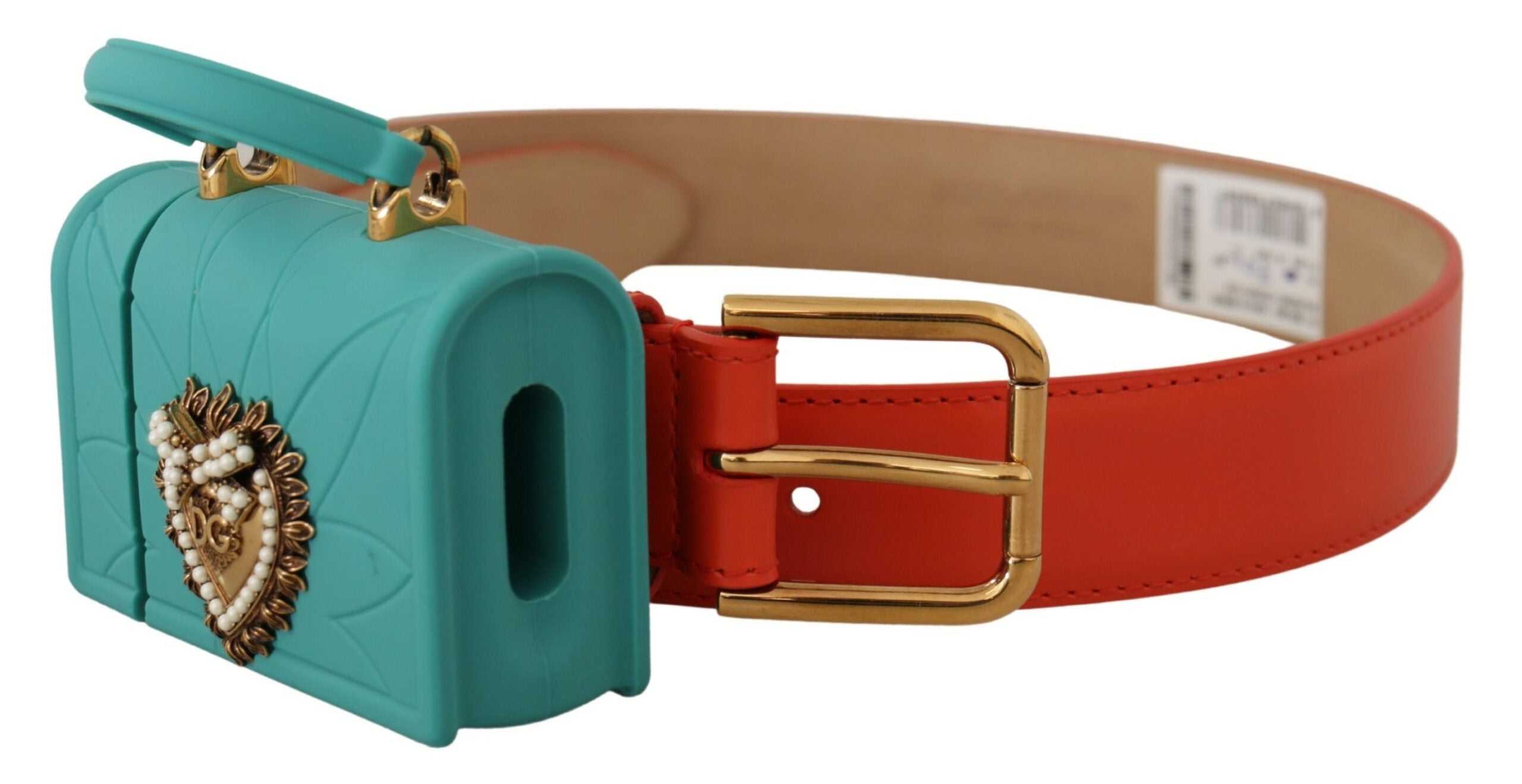 Orange leather devotion heart micro bag with built-in headphones and belt by Dolce & Gabbana, featuring a compact, stylish design.