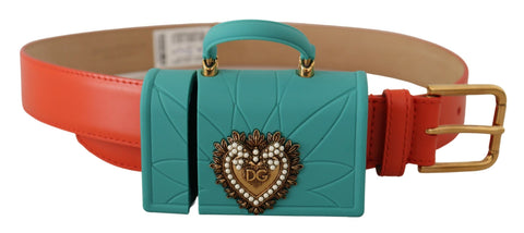 Orange leather Devotion Heart micro bag with headphones and belt designed by Dolce & Gabbana, featuring a compact and stylish accessory.