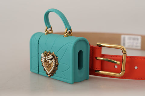 Orange leather Devotion Heart micro bag with headphone and belt details from Dolce & Gabbana.