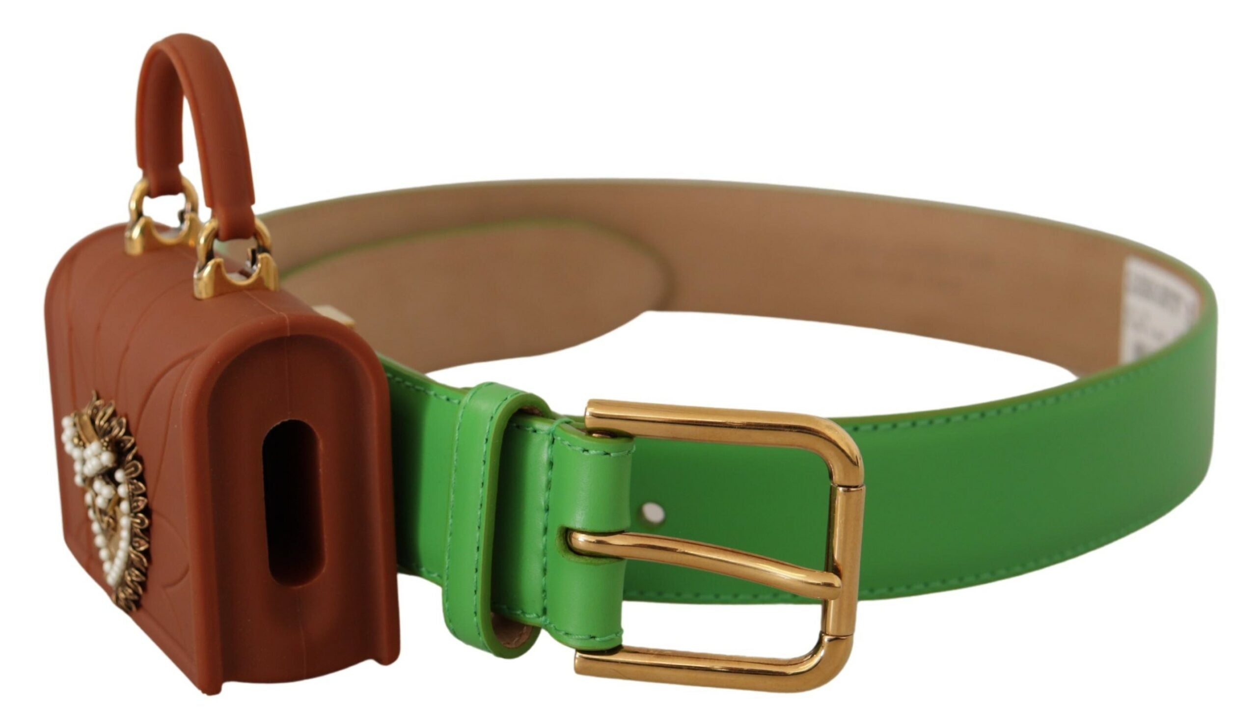 Green leather Devotion Heart micro bag with headphones and belt from Dolce & Gabbana, featuring a compact, stylish design.