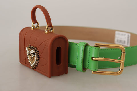 Green leather Devotion Heart micro bag with headphones and belt by Dolce & Gabbana, featuring a compact, stylish design with heart details.