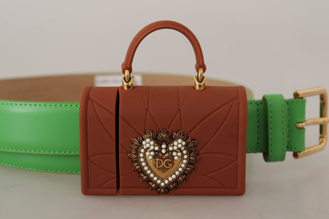 Green leather Devotion Heart micro bag with headphones and belt from Dolce & Gabbana, featuring a compact design and detailed craftsmanship.