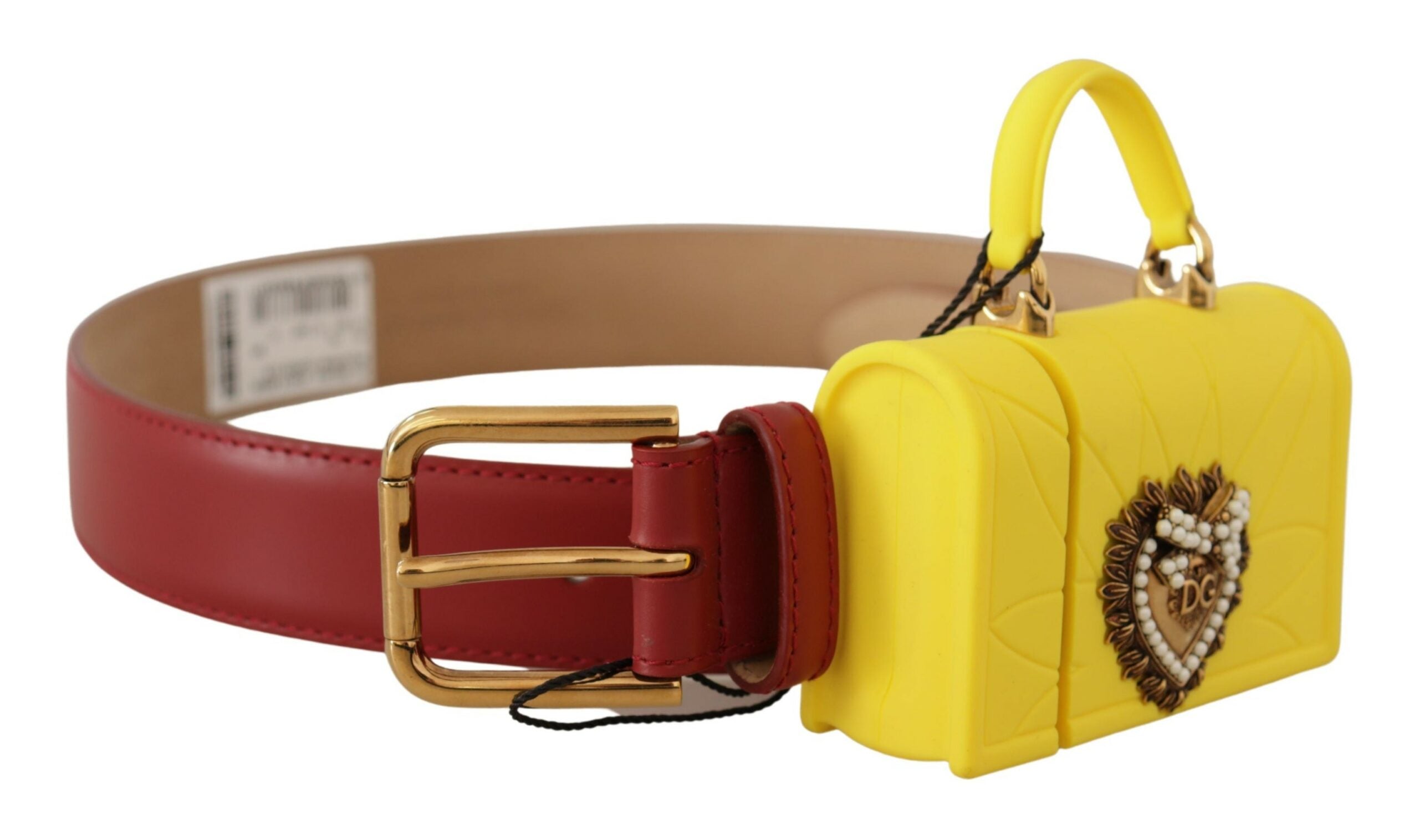 Red leather Dolce & Gabbana devotion heart-shaped buckle belt with yellow accent and adjustable strap.