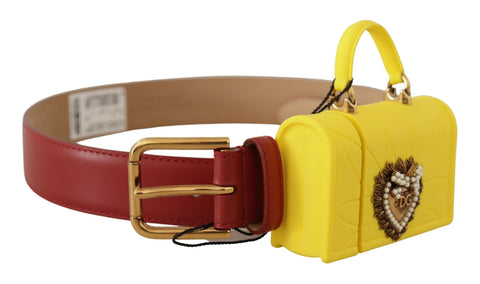 Red leather Dolce & Gabbana devotion heart-shaped buckle belt with yellow accent and adjustable strap.