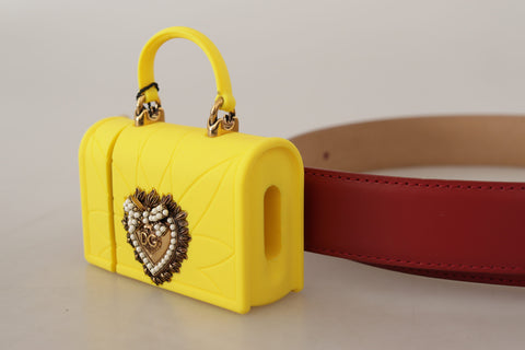 Red leather Dolce & Gabbana devotion heart-shaped belt with yellow buckle and gold hardware.
