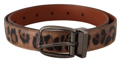 Brown leather belt with embossed leopard pattern and buckle, by Dolce & Gabbana, showcasing stylish animal print design.