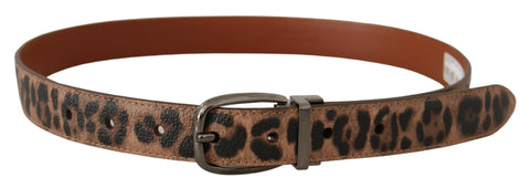 Brown leather belt with leopard embossed pattern and buckle, by Dolce & Gabbana, shown with detailed texture and classic design.