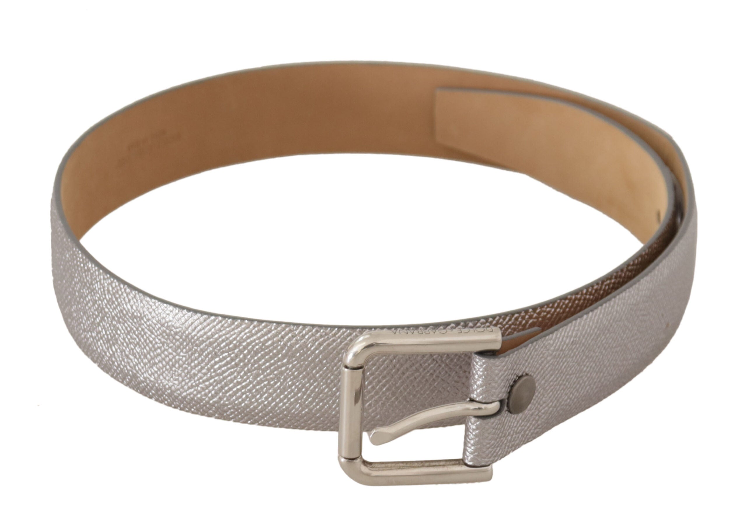 Metallic silver leather belt with metal waist buckle by Dolce & Gabbana, showcasing a sleek and stylish accessory for fashionable outfits.