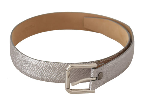 Metallic silver leather belt with metal waist buckle by Dolce & Gabbana, showcasing a sleek and stylish accessory for fashionable outfits.