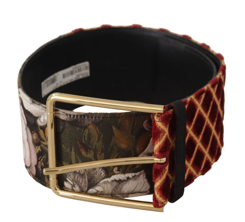 Multicolor wide leather floral belt with gold metal buckle by Dolce & Gabbana, showcasing vibrant design and intricate floral details.