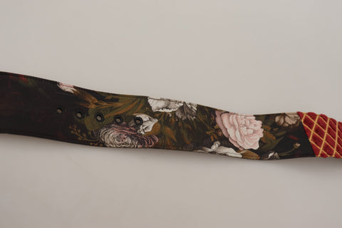 Multicolor wide leather floral belt with gold metal buckle by Dolce & Gabbana, featuring vibrant floral design and stylish buckle detail.