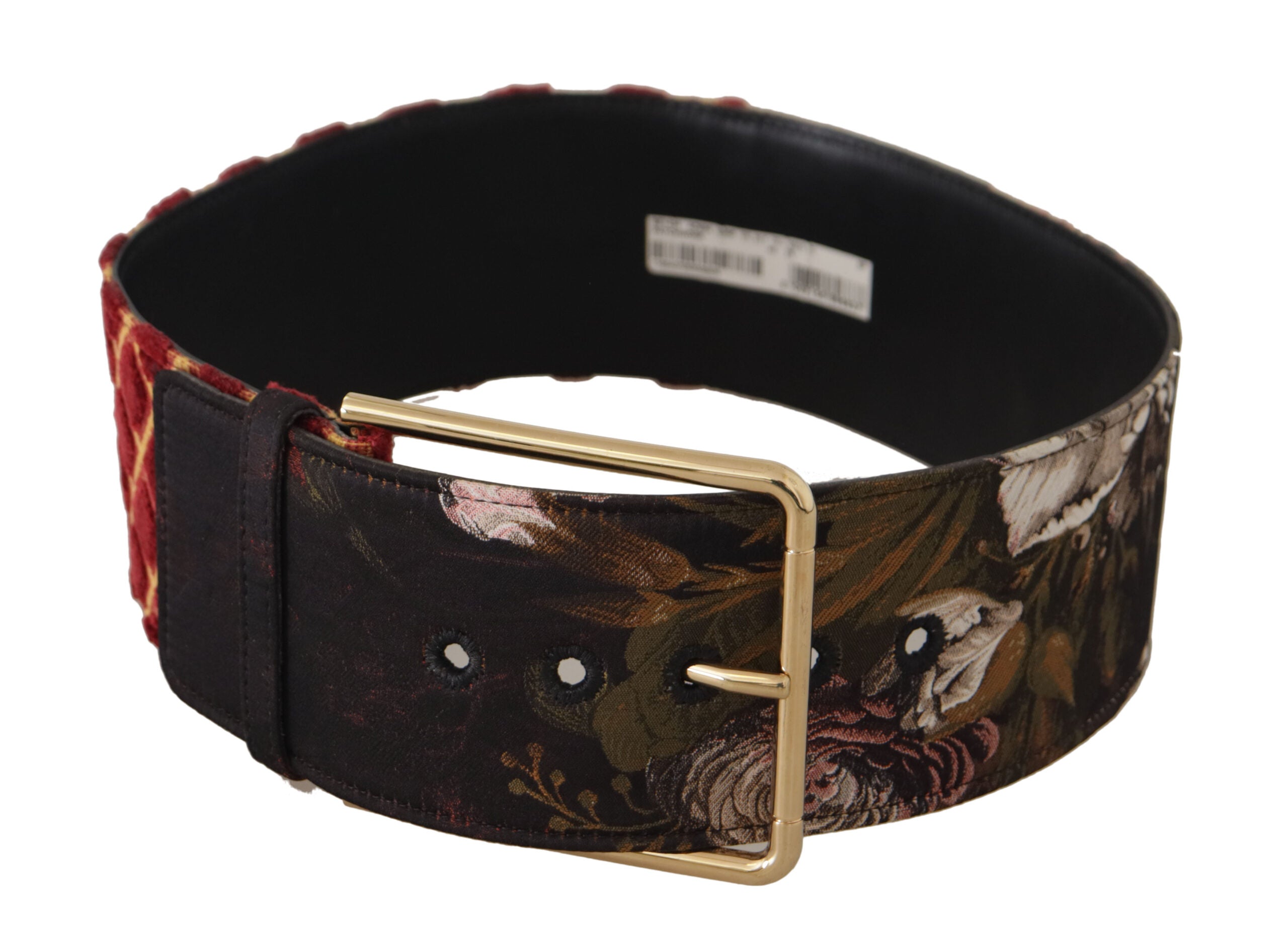 Multicolor wide leather belt with floral design and gold metal buckle by Dolce & Gabbana, showing detailed floral pattern and vibrant colors.