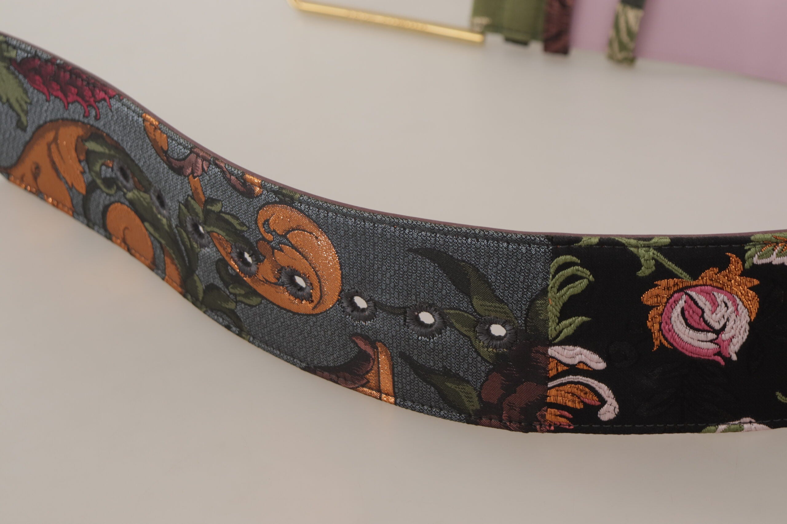 Multicolor leather embroidered belt with gold metal buckle by Dolce & Gabbana, showcasing intricate stitching and vibrant design.