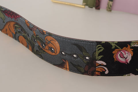Multicolor leather embroidered belt with gold metal buckle by Dolce & Gabbana, showcasing intricate stitching and vibrant design.