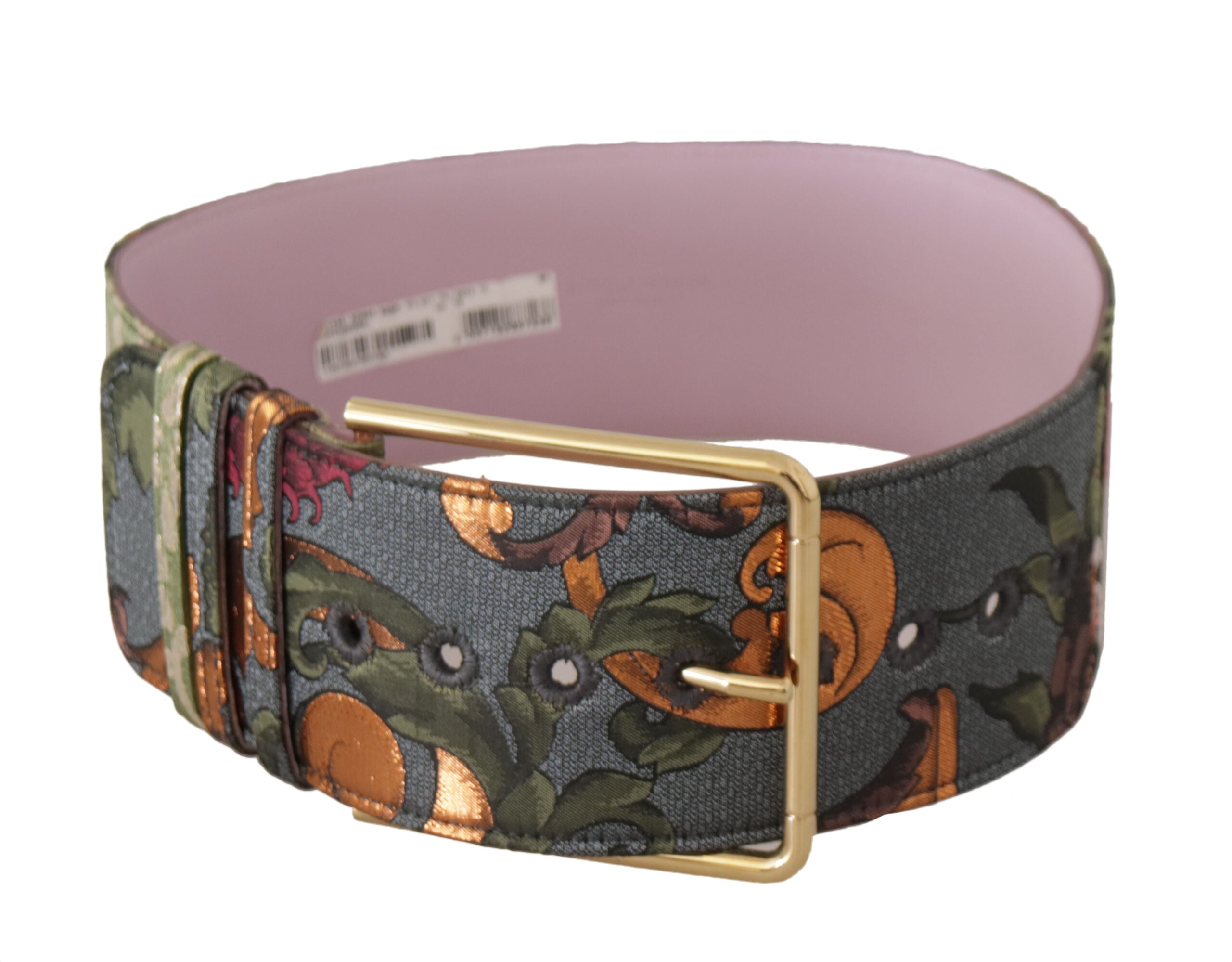 Multicolor leather embroidered belt with gold metal buckle by Dolce & Gabbana, showcasing detailed craftsmanship and vibrant design.