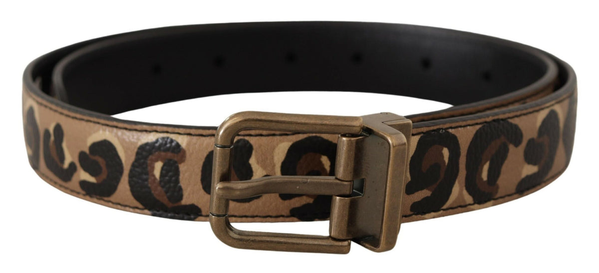 Brown leather leopard print belt with bronze metal buckle from Dolce & Gabbana, showcasing the stylish design and textured pattern.