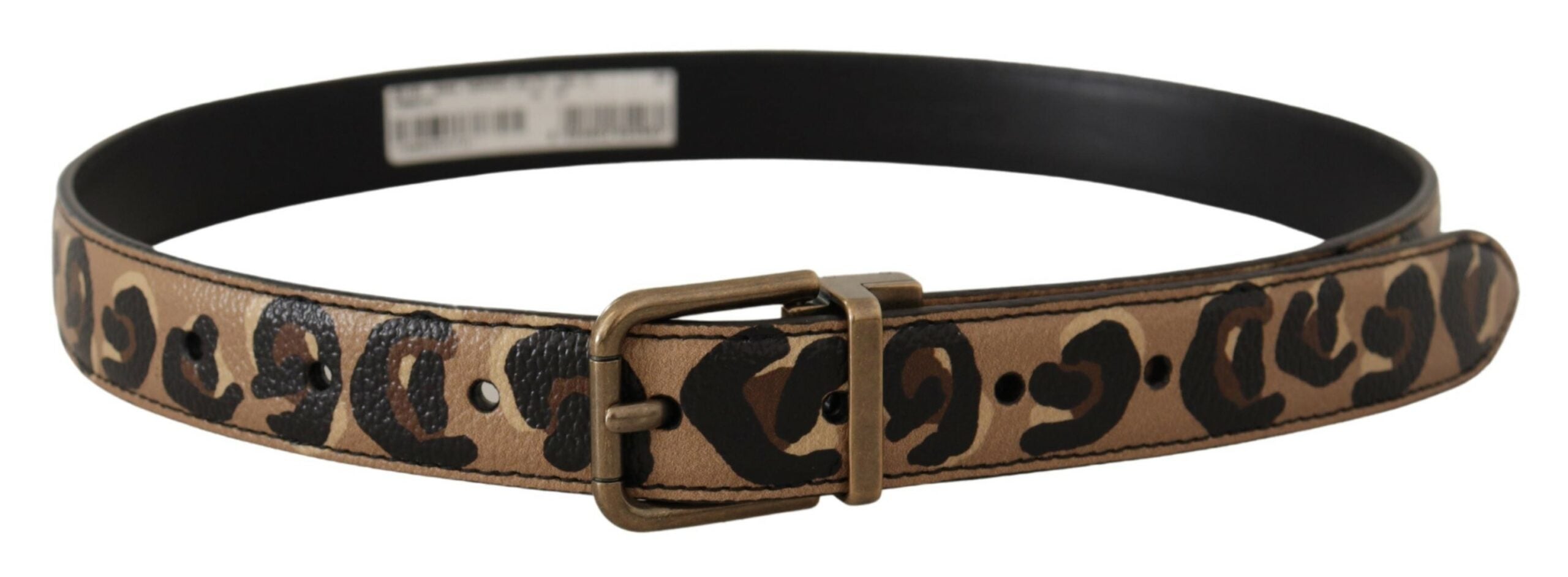 Brown leather leopard print belt with bronze metal buckle from Dolce & Gabbana, featuring stylish animal pattern and sleek design.