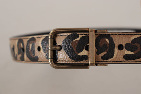 Brown leather belt with leopard print and bronze metal buckle from Dolce & Gabbana, featuring a stylish and fashionable design.