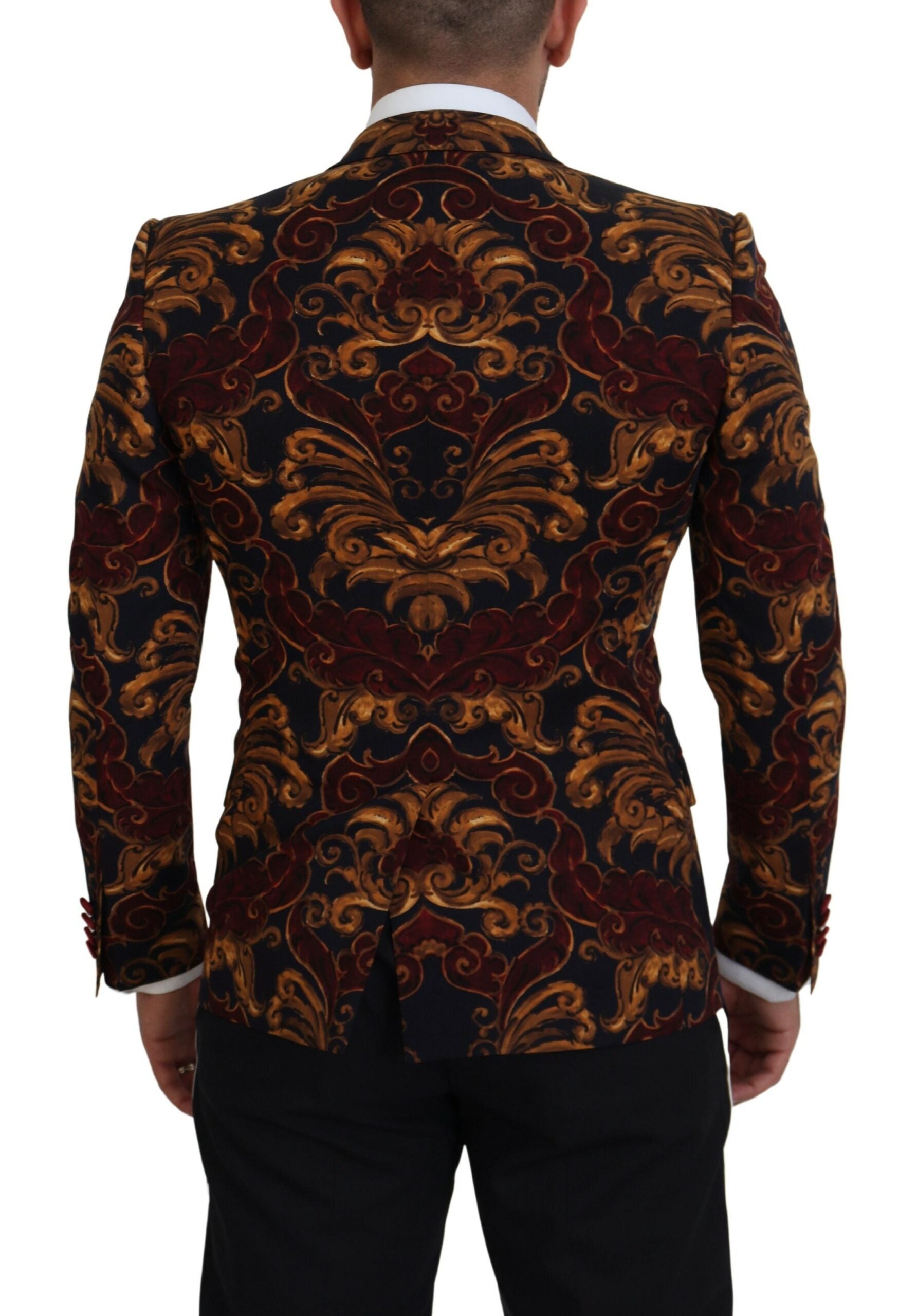 Multicolor floral Dolce & Gabbana single-breasted Martini blazer with notched lapel and tailored fit, displayed on a hanger.