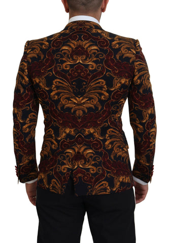 Multicolor floral Dolce & Gabbana single-breasted Martini blazer with notched lapel and tailored fit, displayed on a hanger.