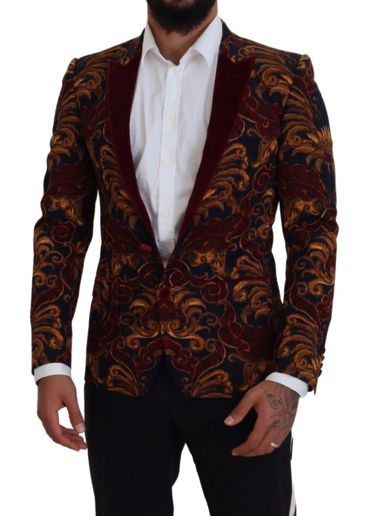 Multicolor floral single-breasted Martini blazer by Dolce & Gabbana featuring a vibrant floral pattern and tailored fit.