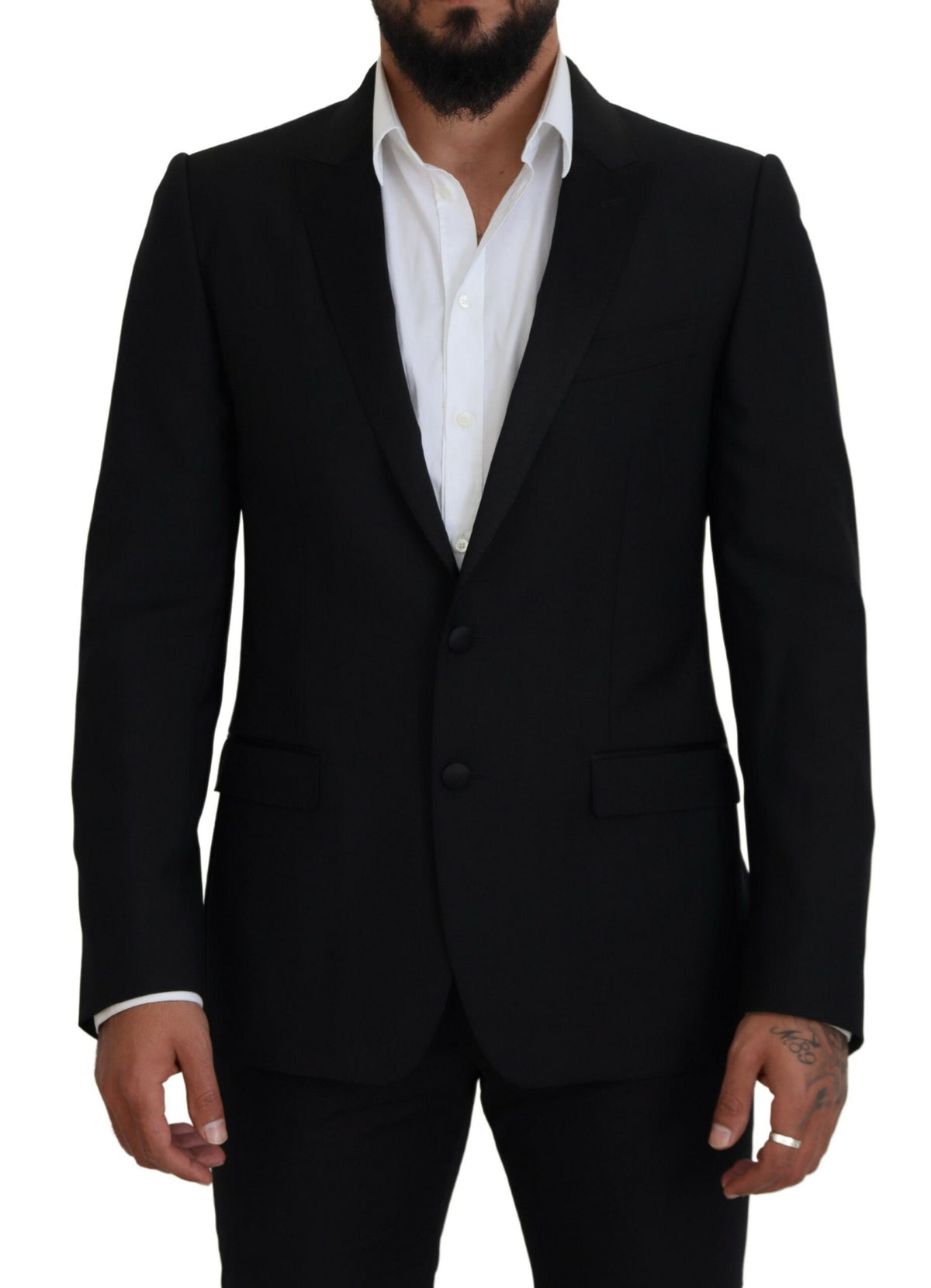 Black slim fit formal martini blazer by Dolce & Gabbana, tailored fit with notch lapel and sleek design, front view.