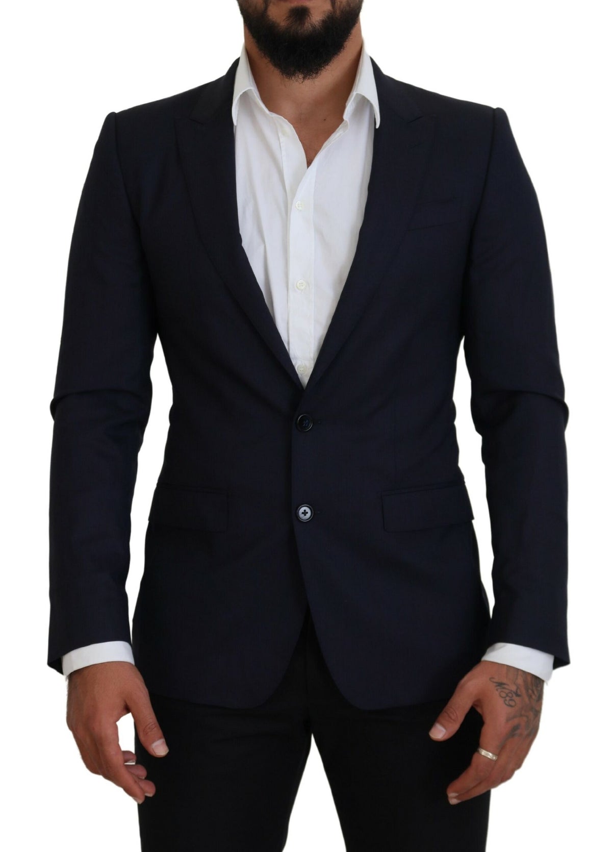Blue wool slim fit formal blazer by Dolce & Gabbana, tailored with a classic lapel and sleek design for elegant office wear.