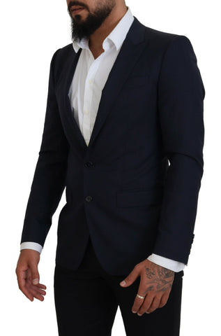 Blue wool slim fit formal coat blazer by Dolce & Gabbana, tailored fit with notched lapels and sleek design.