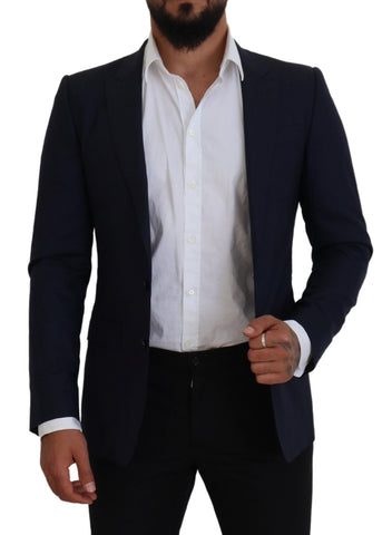 Blue wool slim fit formal coat blazer by Dolce & Gabbana, showing tailored design and classic lapel details.